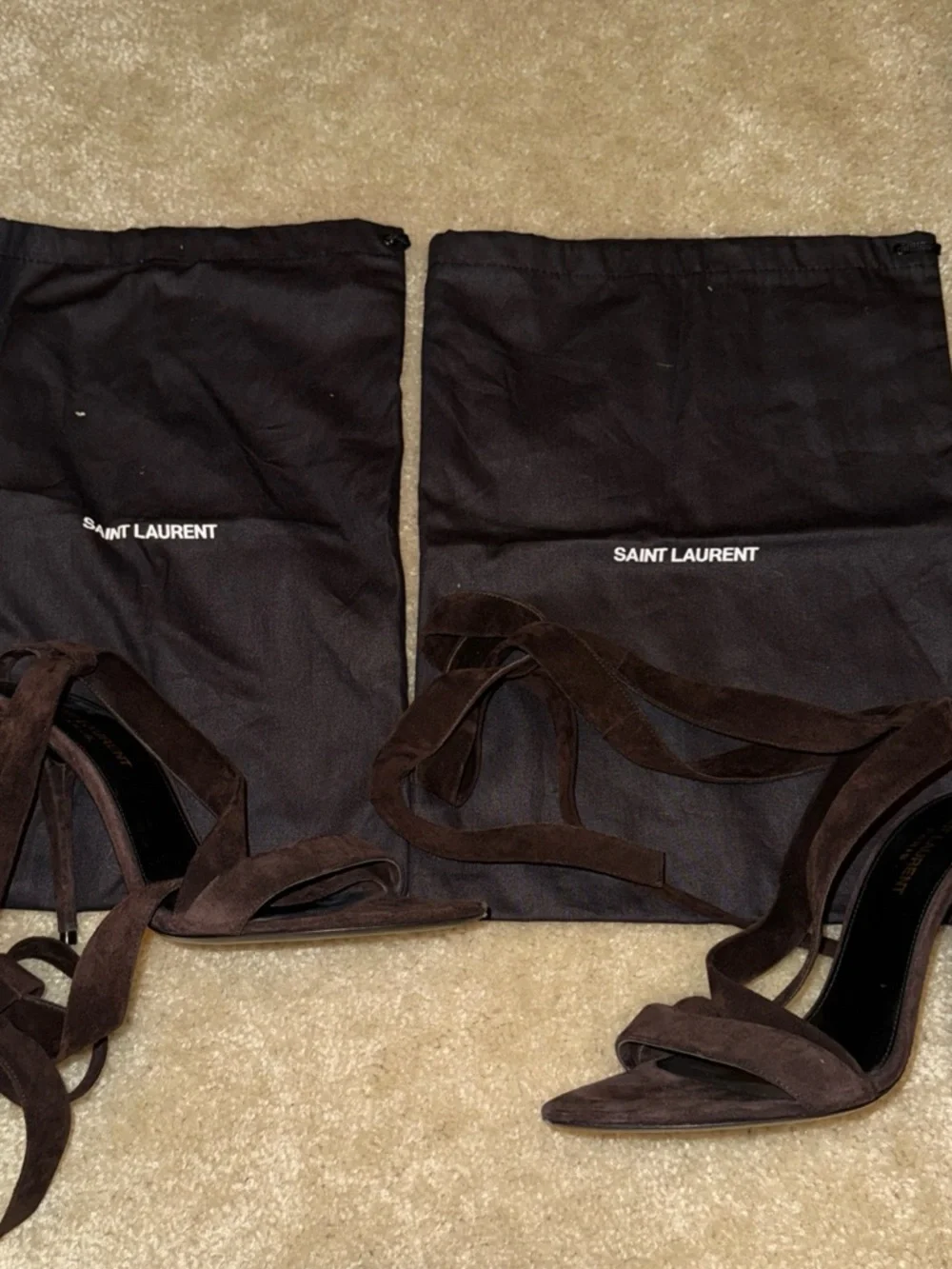 Saint Laurent Brown Suede Tie-Up Ankle Strap Heels Size 38 - Picture 5 of 6